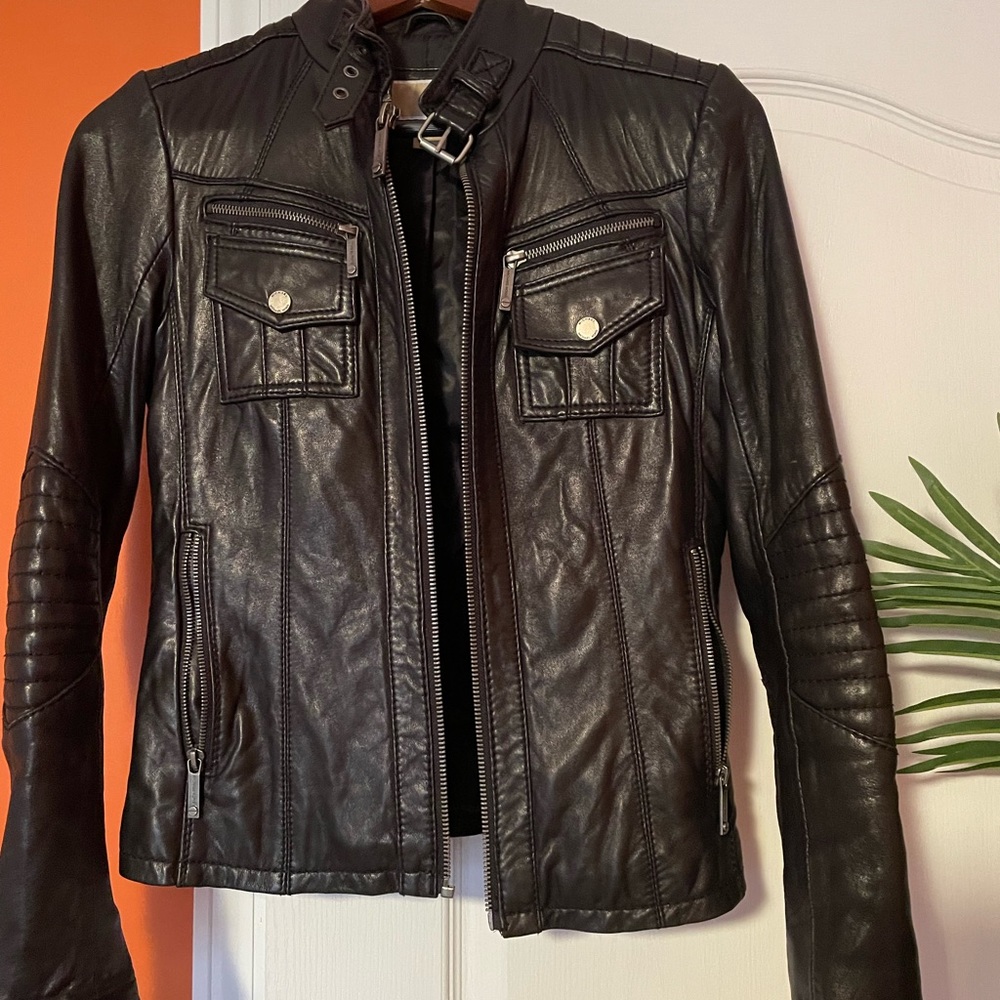 Michael Kors Genuine Leather Moto Jacket (XS) - Black